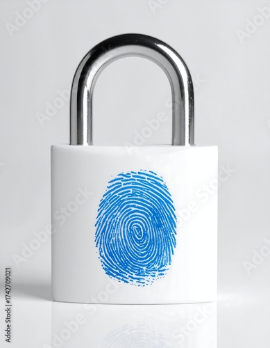 White padlock with fingerprint in blue against a plain gray background