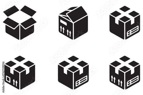 Package box flat icon vector set. Containing open cardboard, fast delivery box, container, parcel protection, storage, good packing. Vector Black silhouettes. with white background