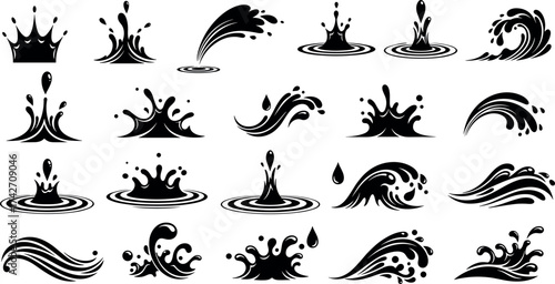 Water splash and wave vector set, black fluid motion illustrations, dynamic liquid shapes, stylized droplets and eruptions, graphic design elements for animation