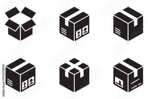 Package box flat icon vector set. Containing open cardboard, fast delivery box, container, parcel protection, storage, good packing. Vector Black silhouettes. with white background