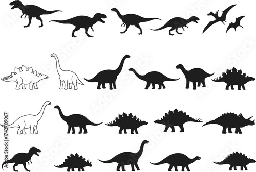 Silhouette dinosaur collection with theropods, sauropods, stegosaurs, pterosaurs, prehistoric animals, educational illustration, natural history, outline progression concept art
