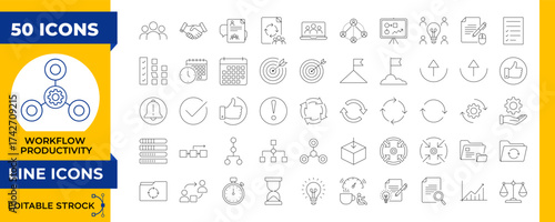 
Workflow & Productivity Line Editable Icon Set.Contains icons related to collaboration, teamwork, task management, focus, creativity, automation, iteration. Editable stroke. Vector illustration