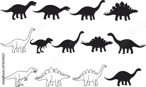 Silhouette dinosaur collection with Tyrannosaurus, Stegosaurus, Triceratops, Brachiosaurus, prehistoric animals, educational illustration, natural history, outline progression concept art