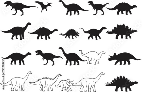 Silhouette dinosaur collection with Tyrannosaurus, Stegosaurus, Triceratops, Brachiosaurus, Pteranodon, prehistoric animals, educational illustration, natural history, concept art