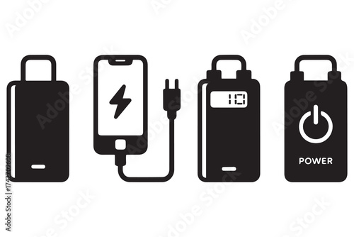 Power bank icon set. Smartphone powerbank charger. Portable charger icon symbol. Vector illustration. Vector Black silhouettes. with white background