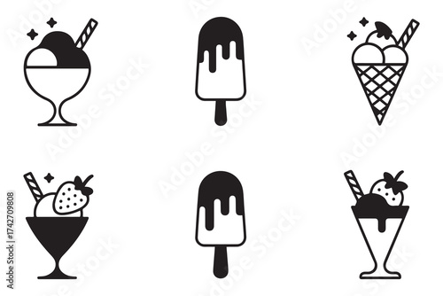Ice cream icons vector set in line and flat style. Ice cream sundae in a glass, frozen yogurt, vanilla, chocolate, strawberry. Vector Black silhouettes. with white background