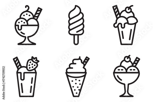 Ice cream icons vector set in line and flat style. Ice cream sundae in a glass, frozen yogurt, vanilla, chocolate, strawberry. Vector Black silhouettes. with white background