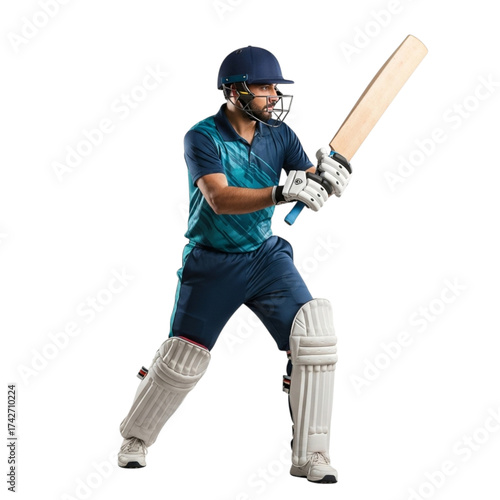 Cricket player batting stance ready to hit the ball isolated on transparent background