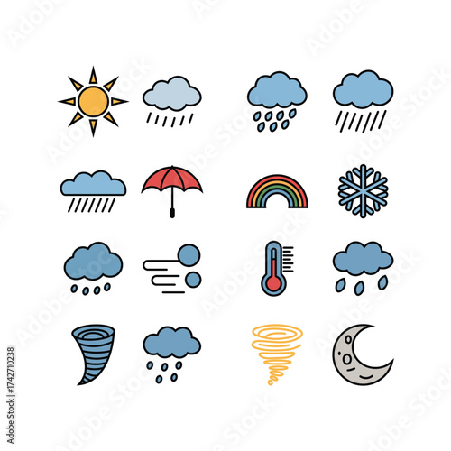 weather icons set with sun, cloud, rain, snow, wind, and storm symbols