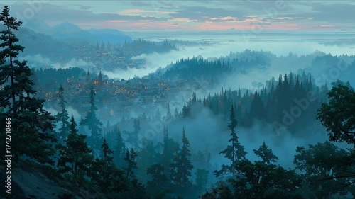 A spectacular and beautiful fog in the early morning over a low mountain forested area and a village in this forest, glowing in the distance with small pale lights