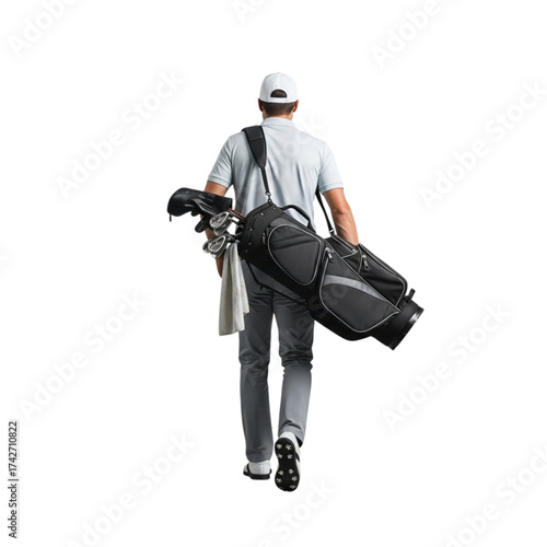Golfer walking away carrying golf bag and towel isolated on transparent background