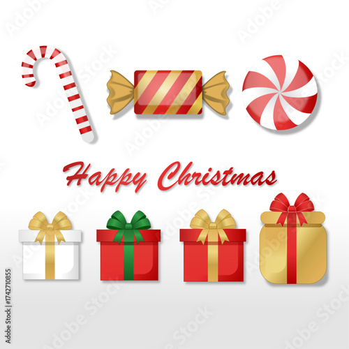 Colorful Christmas gifts and candies vector illustration with ribbons, candy cane, sweets, and festive decorations — perfect for holiday cards, banners, posters, and celebration designs.