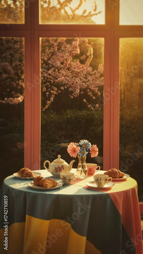 A round table, covered with a blue, yellow, and pink tablecloth, is set for tea, with a delicate colored porcelain teapot and ornate cups and saucers.