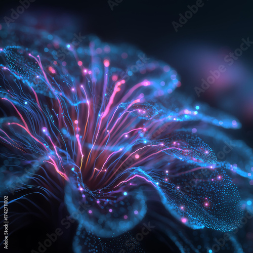Abstract fractal DNA in a pink underwater ocean garden with a sea anemone blossom