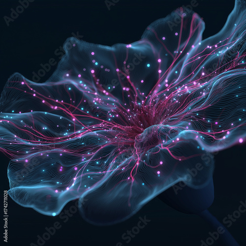 Abstract fractal DNA in a pink underwater ocean garden with a sea anemone blossom