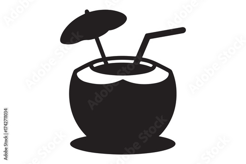 Coconut drink icon vector. Drinking fresh coconut on the beach sign and symbol in line and flat style. Vector Black silhouettes. with white background