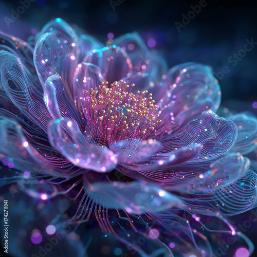 Abstract fractal DNA in a pink underwater ocean garden with a sea anemone blossom