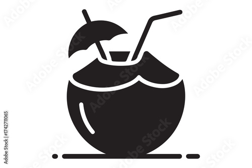 Coconut drink icon vector. Drinking fresh coconut on the beach sign and symbol in line and flat style. Vector Black silhouettes. with white background