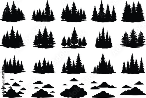 Silhouette tree and bush collection with conifer clusters, shrub shapes, botanical elements, landscape design resources, environmental illustration, natural concept art