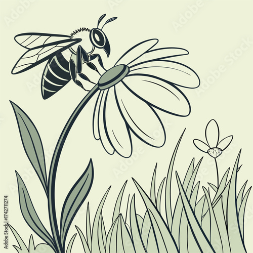 A vibrant vector illustration of a bee on a flower, showcasing nature's floral design for a perfect spring or summer garden decoration