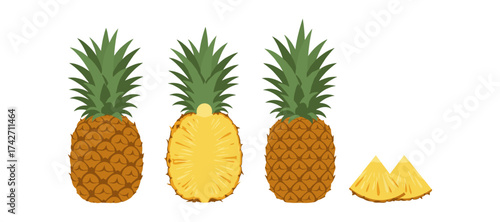 Pineapple collection with whole, sliced, and cut pieces on white background