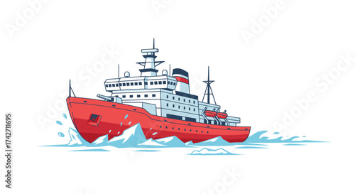 A powerful red and white icebreaker ship illustration breaking through frozen sea ice.