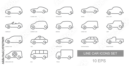Vector illustration of line car icons set with various vehicle types including sedan, hatchback, truck, bus, taxi and ambulance. Minimal outline design for transport and automotive themes