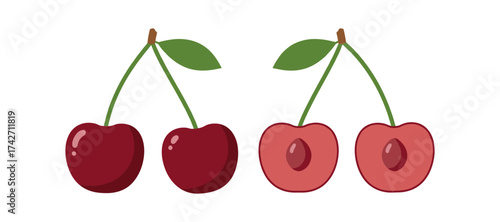 Fresh cherries with leaves: whole and half cut on white background