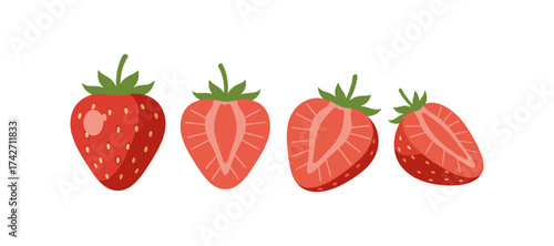 Four fresh strawberries in flat style on white background