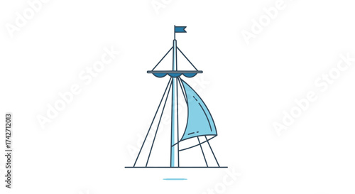 Stylized illustration of a ships mast with a blue sail and flag.