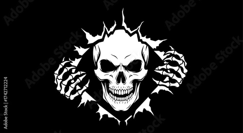 Menacing skull emerging through ripped black background grasping hands vector