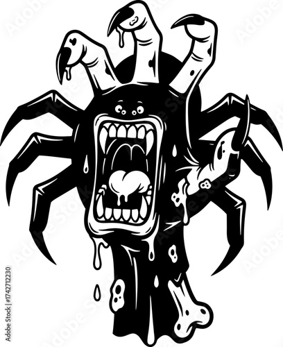Horror monster character with multiple arms and angry face cartoon art vector