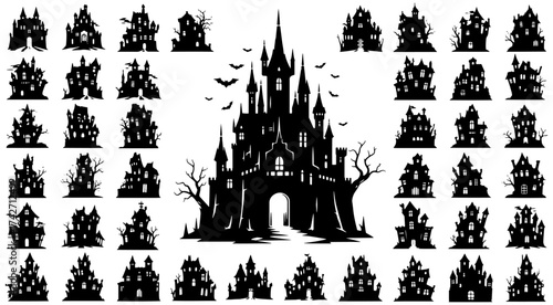 Collection of spooky halloween haunted castle silhouettes for creepy decorations vector