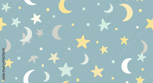 Soft, seamless celestial pattern with pastel moons and stars on a tranquil light blue background, perfect for nursery decor, children's designs, or peaceful, whimsical projects