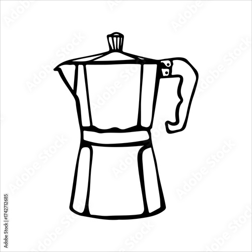 Hand-drawn linear doodle of a moka pot coffee maker. Minimalist outline illustration of a stovetop espresso brewer, perfect for cafe menus, home barista concepts