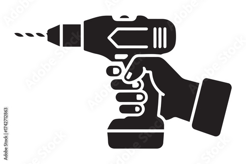Hand holding a drill. Vector icon. Vector Black silhouettes. with white background