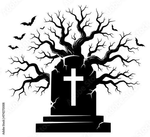 Spooky halloween cemetery scene with bare tree and cross tombstone vector