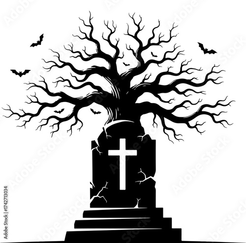 Creepy haunted cemetery scene with bare tree tombstone and flying bats vector