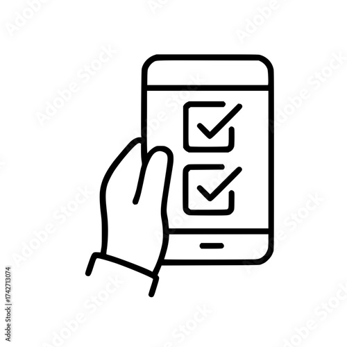 Hand holding smartphone with checklist tasks completed outline icon
