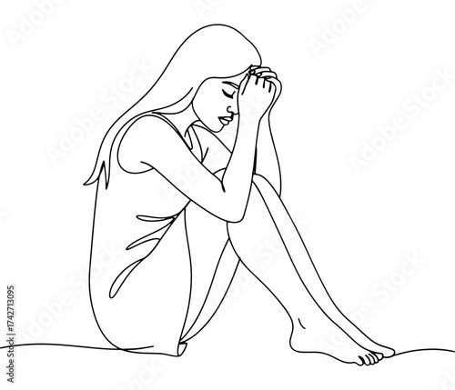 Woman sitting in distress with head in hands artistic line drawing vector