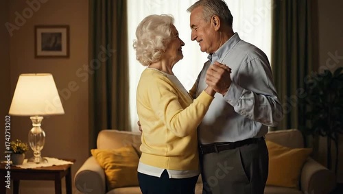 Senior couple slow dancing together in softly lit living room