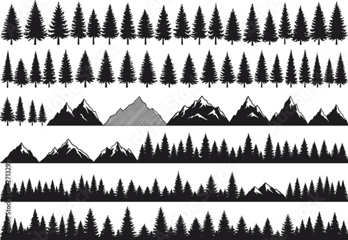 Silhouette tree and mountain collection with pine forests, snow‑capped peaks, forest groupings, landscape design resources, environmental illustration, natural concept art