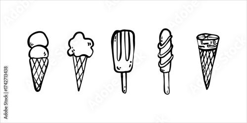 Hand drawn linear doodle set featuring five different types of ice cream including popsicle, soft serve cone, scoop in a cup, waffle cone, and ice cream bar Minimalist outline illustrations perfect fo