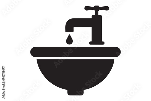 Plumbing icon with faucet and washbasin. Sanitary ware symbol. Vector Black silhouettes. with white background