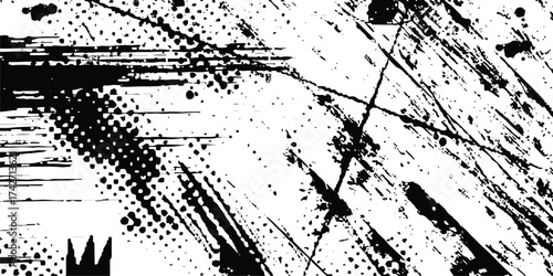 Abstract grunge texture with dynamic black brush strokes and halftone patterns vector