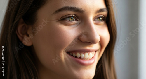 Smiling Woman with Bright Natural Expression in Warm Soft Light Portrait