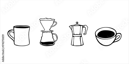 Hand drawn linear doodle set featuring four coffee elements: Americano cup, espresso shot, coffee filter, and moka pot Minimalist outline illustrations ideal for coffee culture and brewing themes.