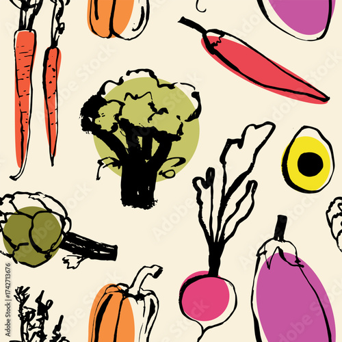 Colorful seamless pattern with hand drawn doodle vegetables including broccoli, artichoke, radish, avocado, carrot, eggplant, and bell pepper on light background Vibrant design perfect for healthy foo