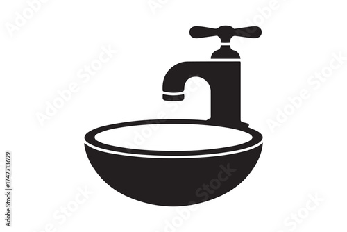 Plumbing icon with faucet and washbasin. Sanitary ware symbol. Vector Black silhouettes. with white background