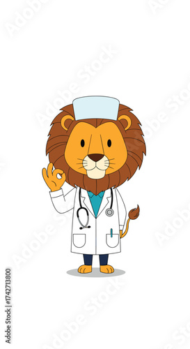A friendly lion doctor in a white coat with a stethoscope around his neck and a cap on his head is giving a thumbs up.